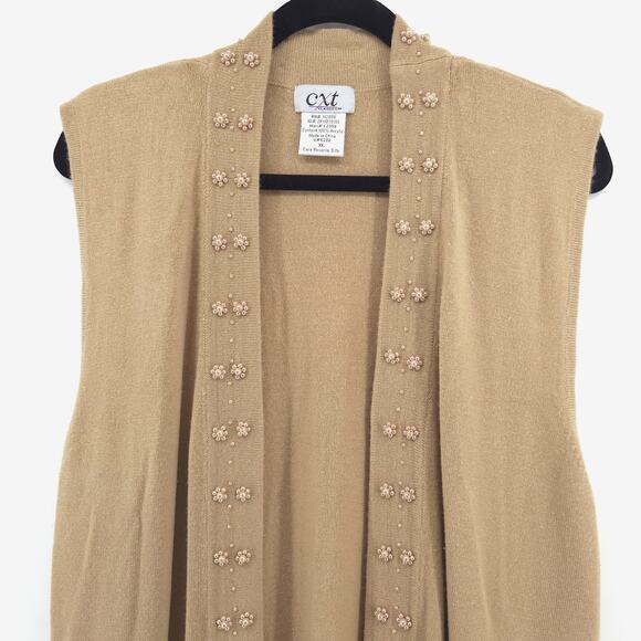 Vintage CXT 70s BohoTan Beaded Neckline OpenFront Duster Sleeveless Split Hem XL - Picture 2 of 11